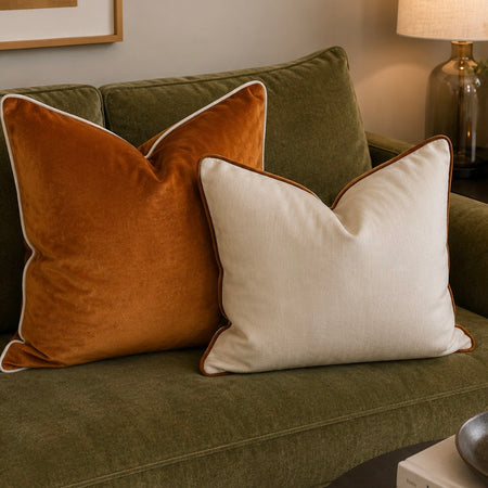 Pair of Orange Rust and cream piped cushion covers