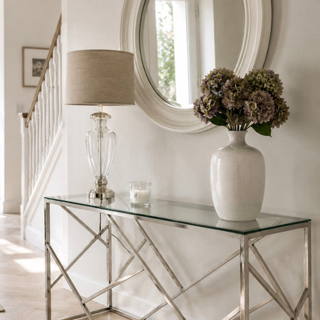 Azaria stainless steel silver metal glass console