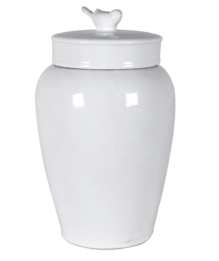 White ceramic bird topped ginger lidded jar