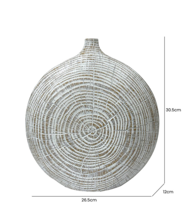 Brown and white textured wood look round vase