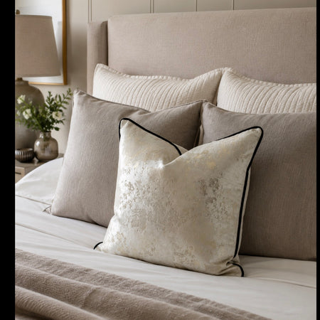 Paul Moneypenny Natural Velvet & Gold Foil Piped Edge 43cm luxury Cushion black piping