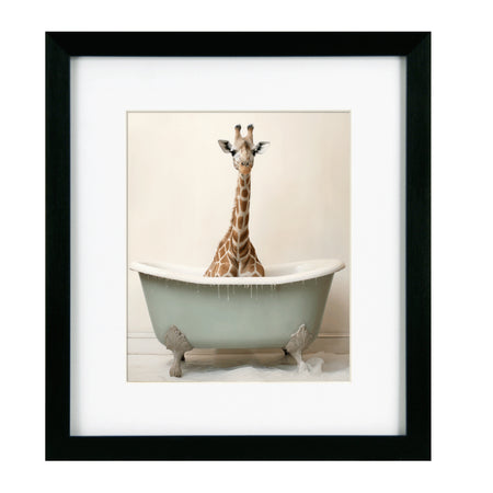 Bathroom joy giraffe in bath luxury framed prints