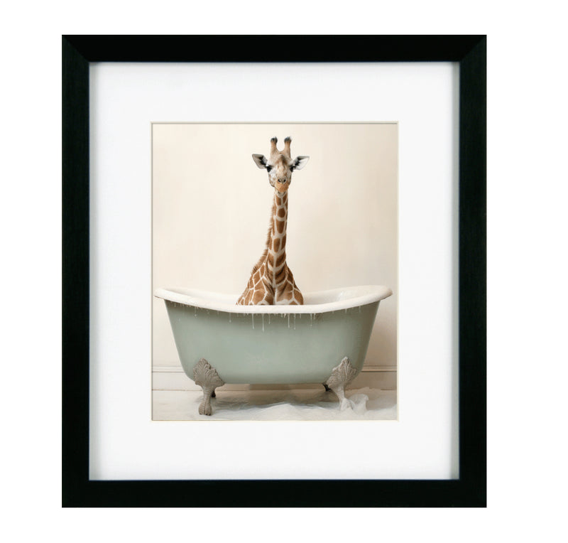 Bathroom joy giraffe in bath luxury framed prints
