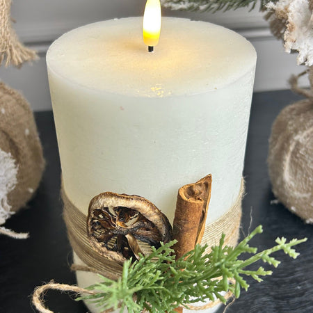 Large LED foliage hessian candle cream 10cm