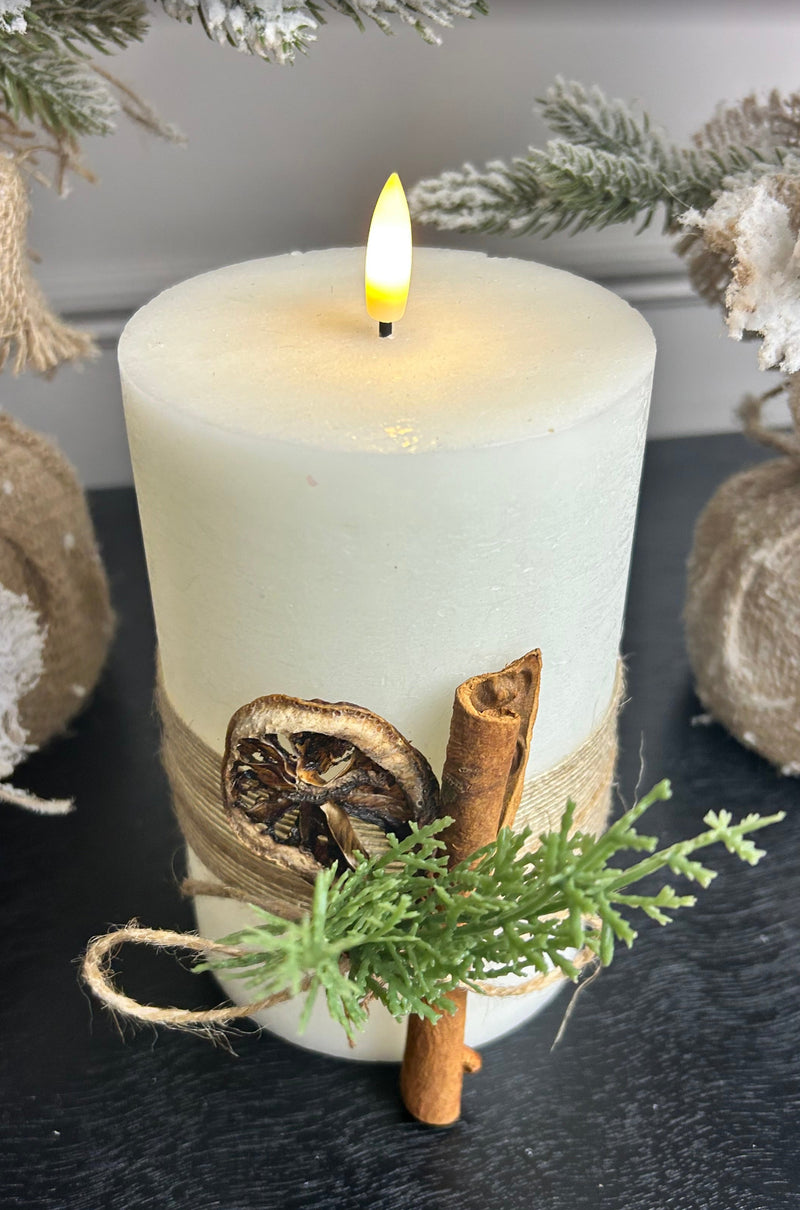 Large LED foliage hessian candle cream 10cm