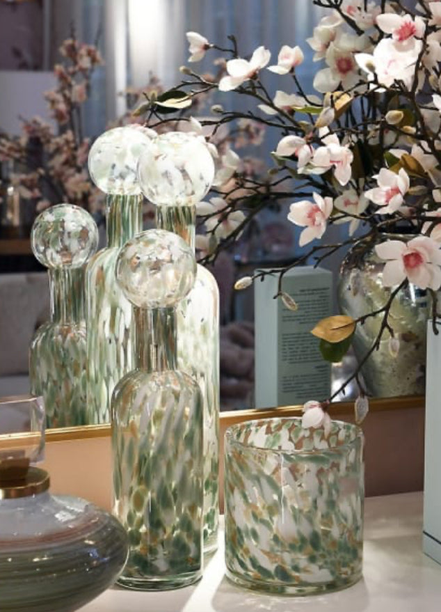 Green white gold pistachio speckled mottled glass lidded bottle jars 2 sizes
