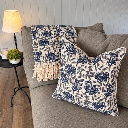 Blue navy natural beige cream floral print cushion 45cm and throw 130x150