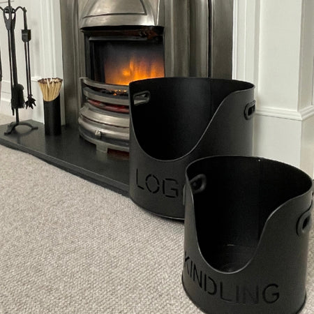 Black fireside set log kindling and match storage