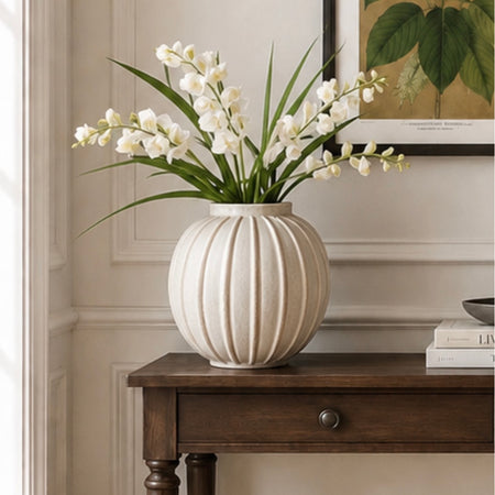 Grove textured ribbed stone globe round vase