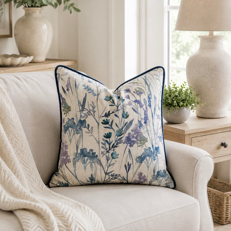 Blue Purple Linen & Velvet  Meadow Print Cushion luxury floral 45cm