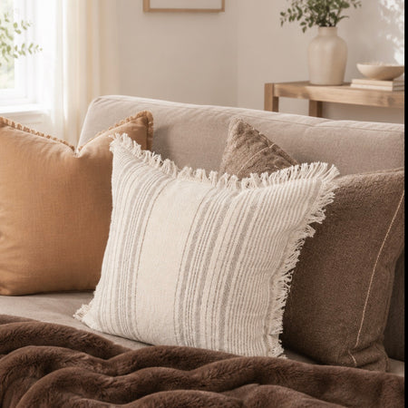 Arvind grey taupe stripe fray edge 45cm linen cushion cover