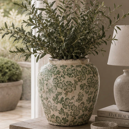 Green floral rustic crackle glaze traditional vase
