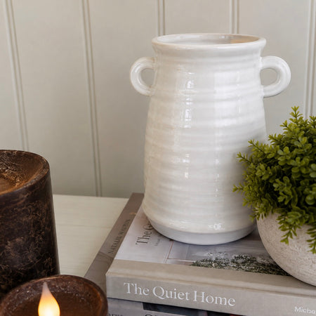 White Ribbed Crackle Effect Vase With Handles 18cm