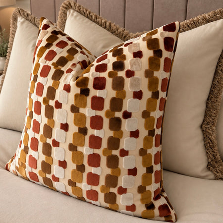 Textured Memphis print cushion rusty red cognac brown 58cm