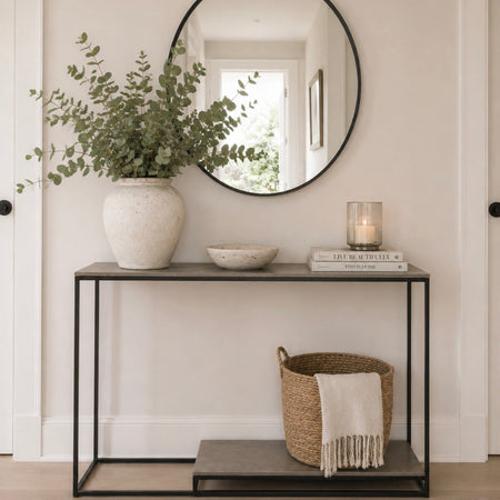 Suhani Black textured Metal Frame and Nickel Topped Shelved Console