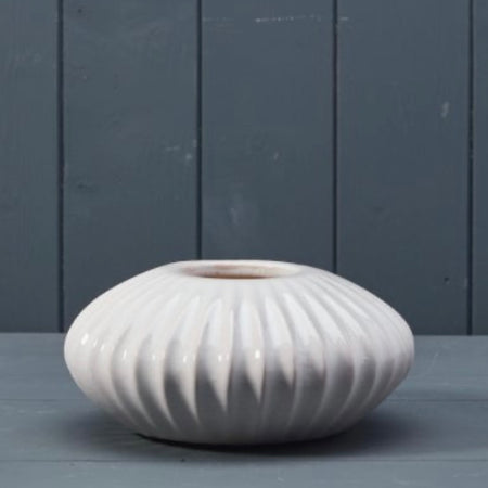 White Ribbed Ceramic squat Vase
