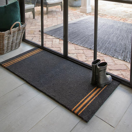 Extra large charcoal triple stripe coir doormat mat rug 125x55cm