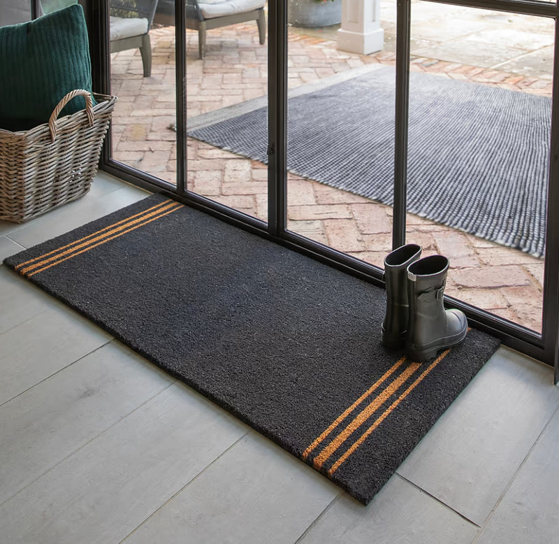 Extra large charcoal triple stripe coir doormat mat rug 125x55cm