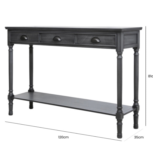 Large Grey Silver 3 Drawer Console With Shelf