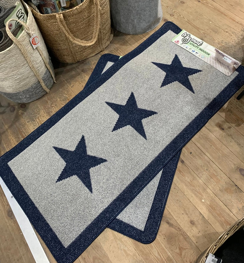 Navy Blue Star Door washable rug Runner 67cm by 150cm and 67cm by 200cm