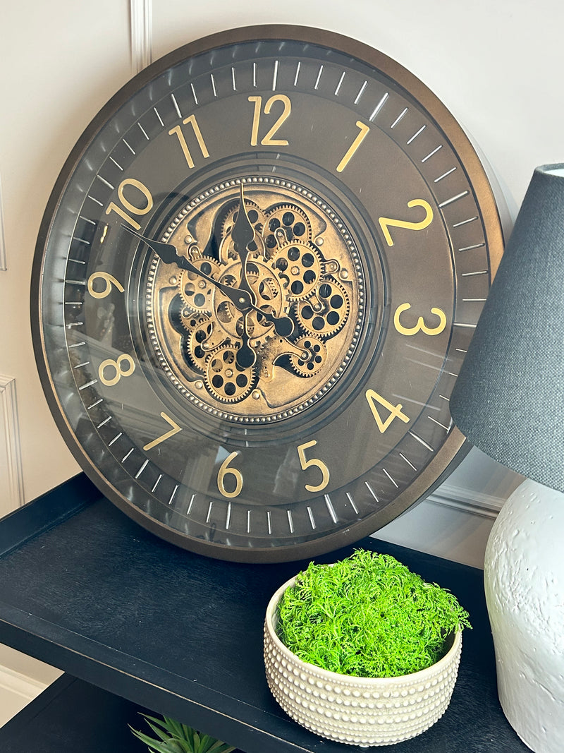 Large chunky brown bronze cogs clock 66cm