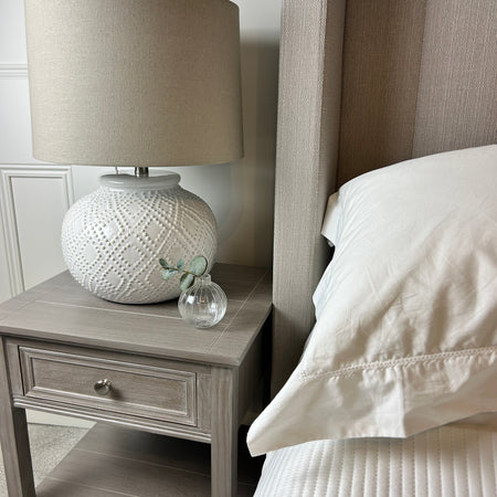 Squat beaded bobble ceramic lamp with shade