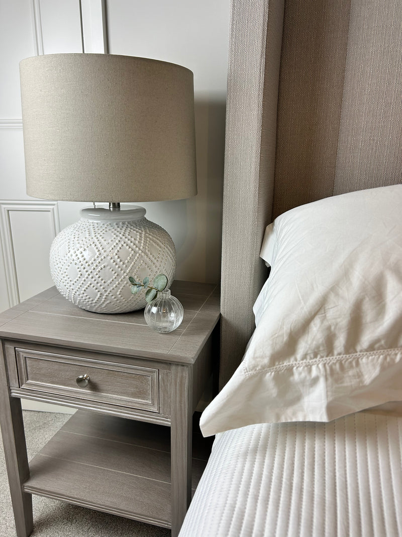 Squat beaded bobble ceramic lamp with shade
