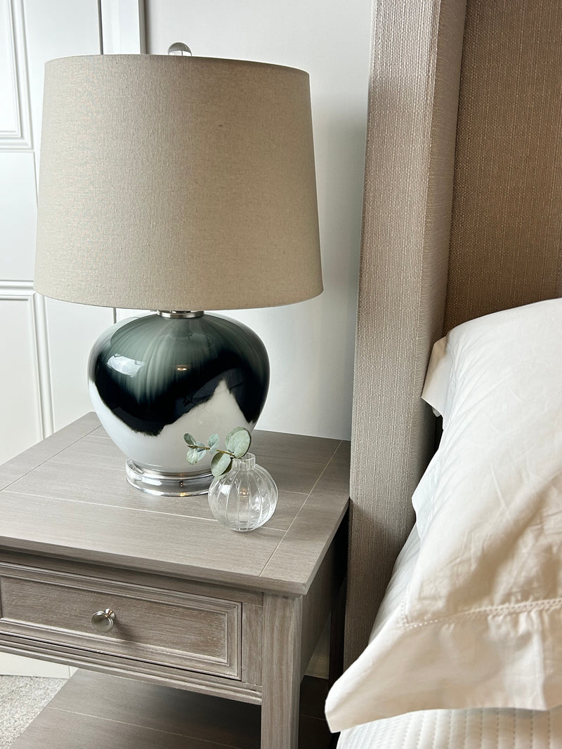 Abstract ombré glass lamp with linen shade