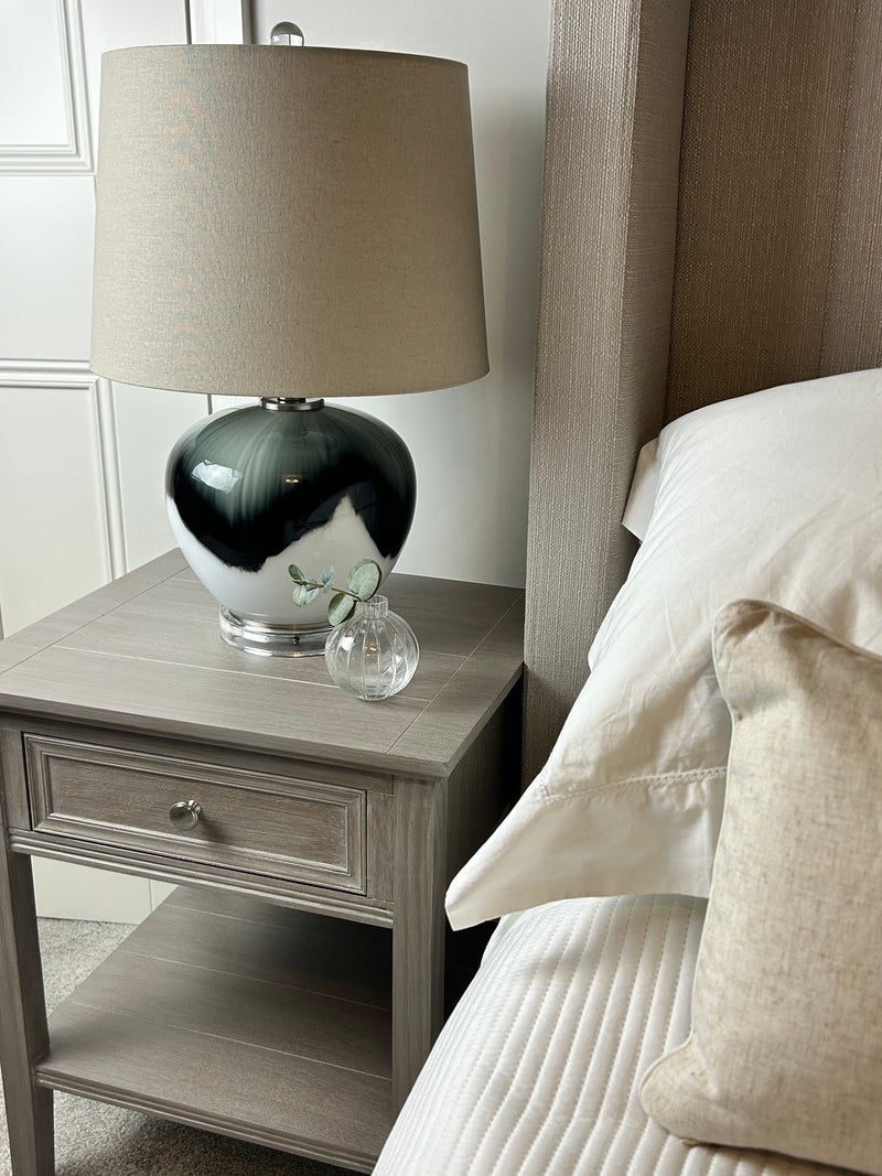 Abstract ombré glass lamp with linen shade