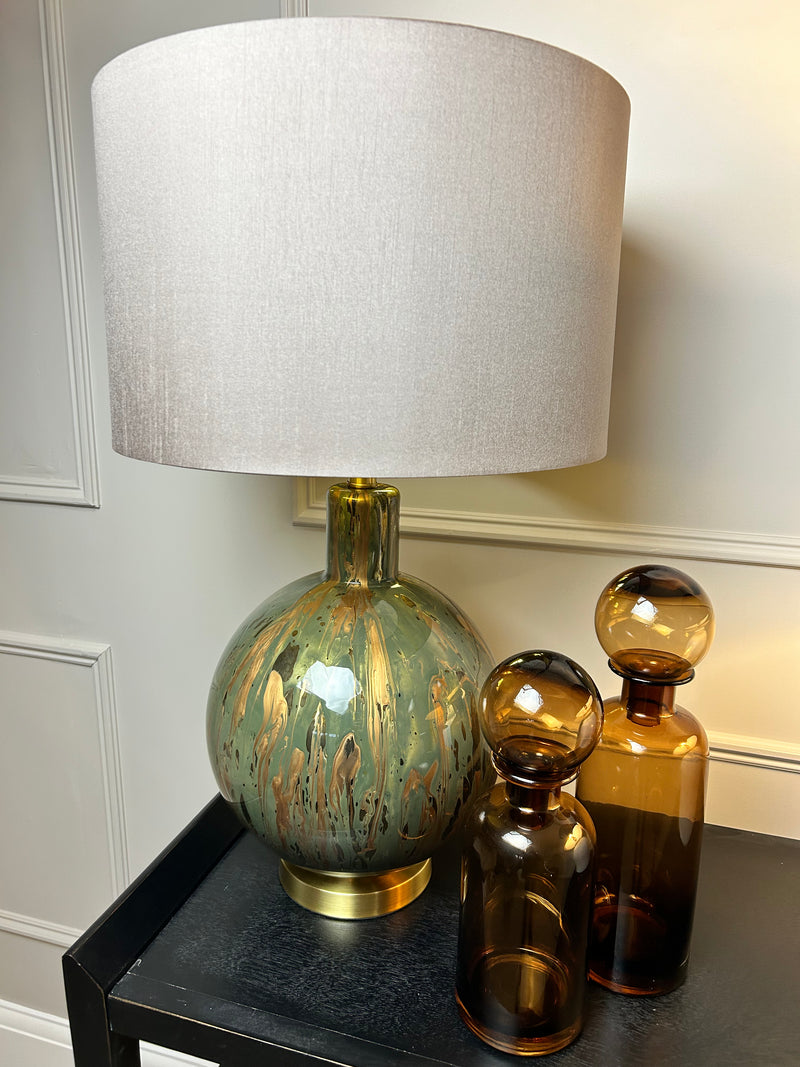 Green and Gold Abstract Glass Lamp with Taupe Faux Silk Shade