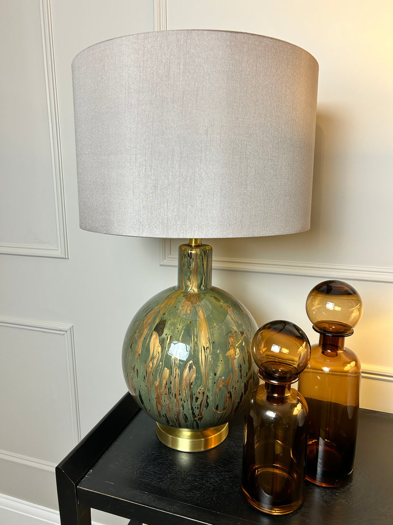 Green and Gold Abstract Glass Lamp with Taupe Faux Silk Shade