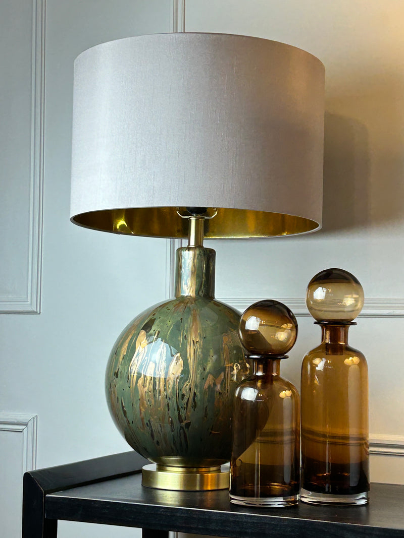 Green and Gold Abstract Glass Lamp with Taupe Faux Silk Shade