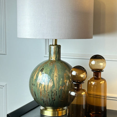 Green and Gold Abstract Glass Lamp with Taupe Faux Silk Shade