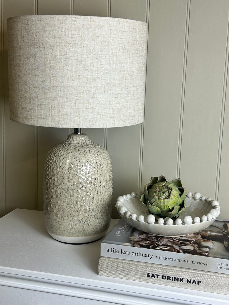 Stoneware ceramic Two Tone Taupe natural Textured Lamp Linen Shade