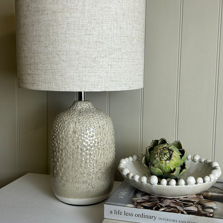 Stoneware ceramic Two Tone Taupe natural Textured Lamp Linen Shade