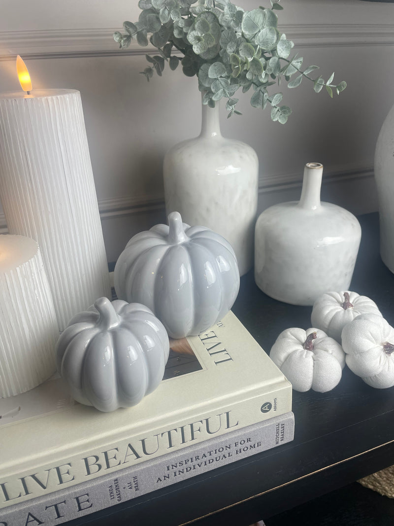 Large pale Grey Halloween Ceramic Pumpkin 10cm