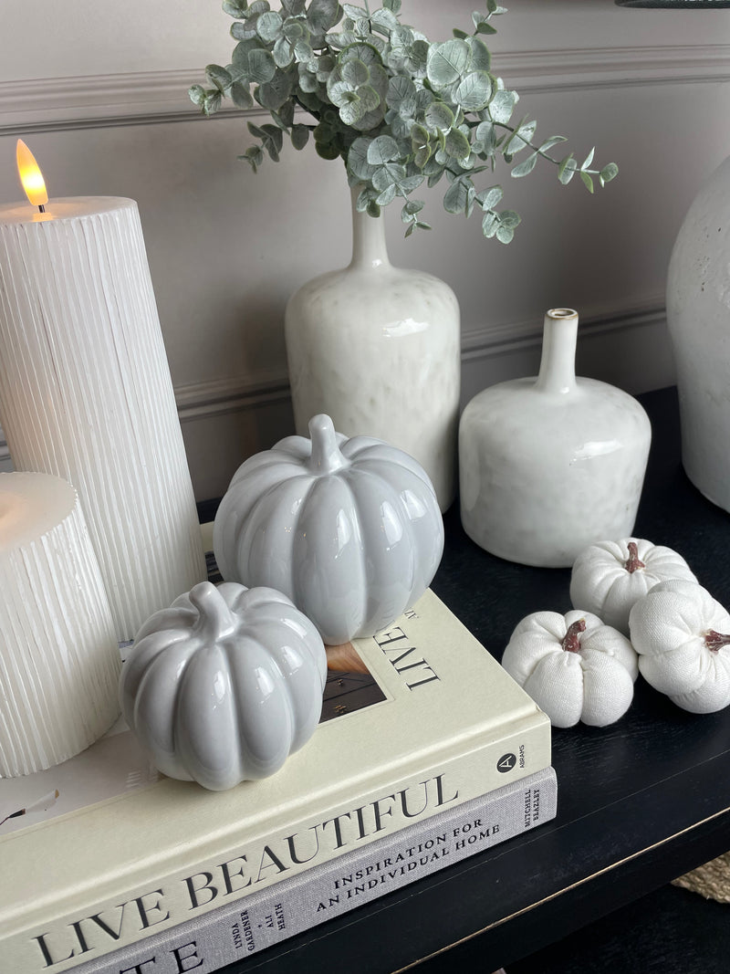 Large pale Grey Halloween Ceramic Pumpkin 10cm