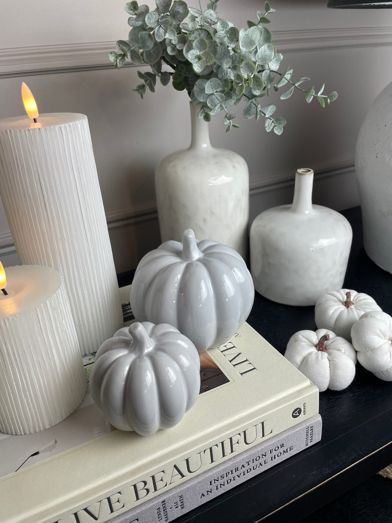 Large pale Grey Halloween Ceramic Pumpkin 10cm
