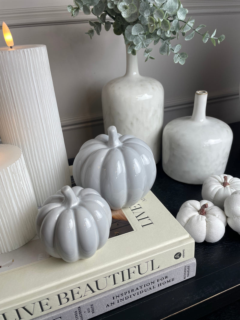 Large pale Grey Halloween Ceramic Pumpkin 10cm