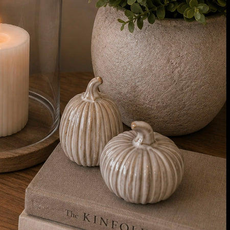 Set of two reactive glaze ribbed autumn pumpkins