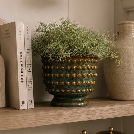 Reactive glaze ochre green and brown bobble plant pot planter