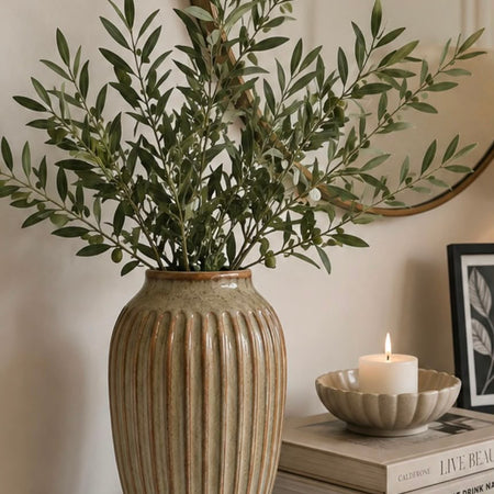 Ribbed brown beige tall vase 30cm by 18cm