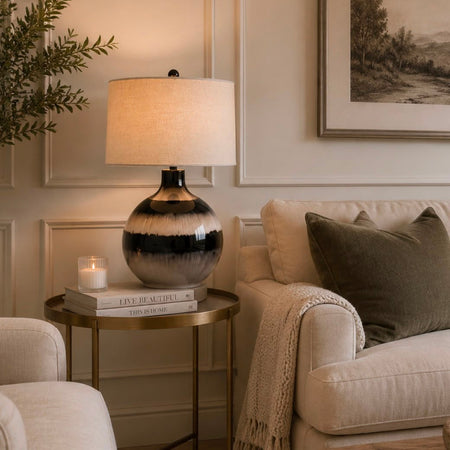 Sepia brown bronze ombre glass lamp with linen shade