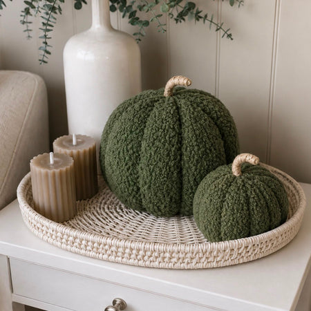 Set of two Boucle green autumn Halloween pumpkins 16cm and 11cm