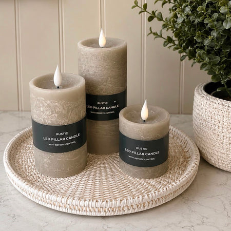 Set of three 3 wax LED candles remote controlled taupe Greige