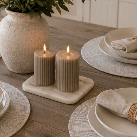 Pale taupe grey LED ribbed candle with timer two sizes