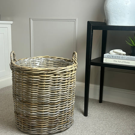 White washed large lined basket with handles