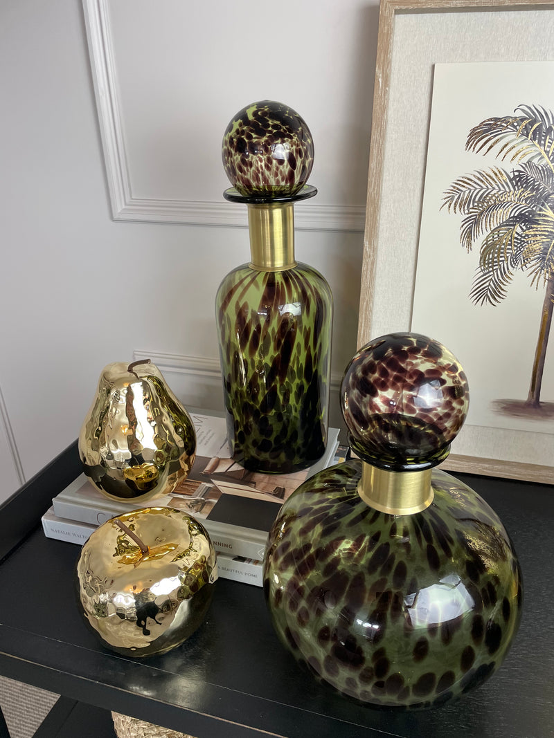 Hand blown green brown and gold lidded bottle