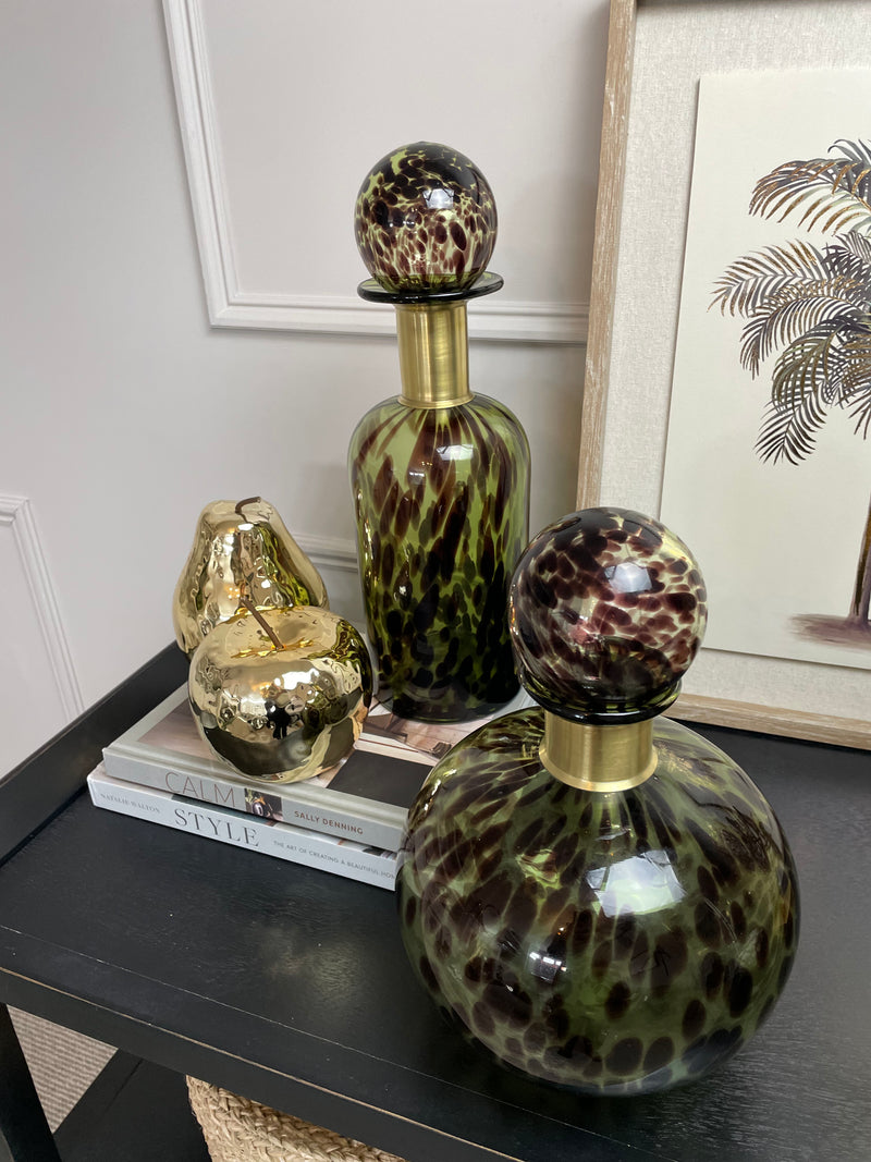 Hand blown green brown and gold lidded bottle