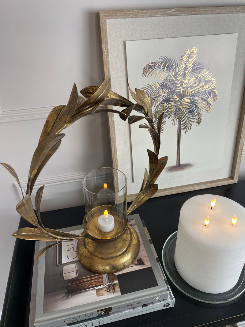 Gold laurel leaf hurricane candle holder